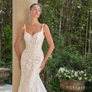 New Off White Nude Wedding Tulle Gown w/ Side Hip Bow & Floral Lace CD WL068